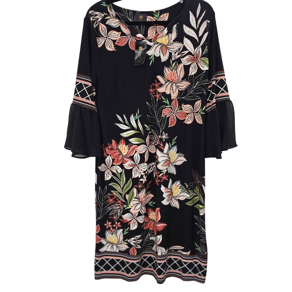 JM Collection Dress XL Black Floral Bell Sleeve Ruffle Studded Shift Work Flowy